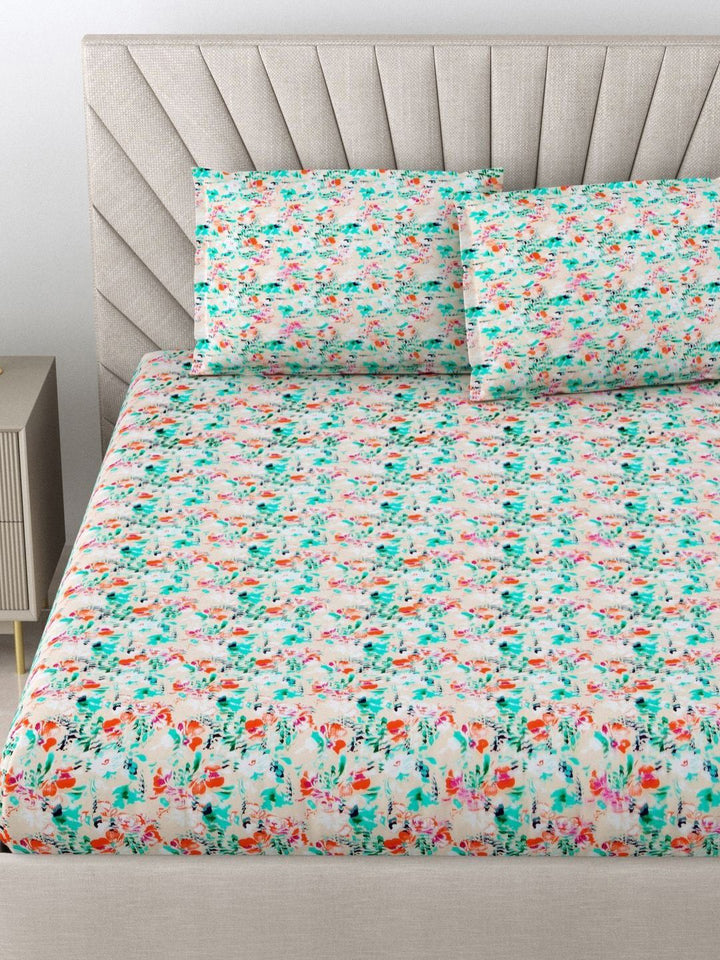 BOMBAY DYEING Dream Lover Green Floral Cotton 104 TC Queen Bedsheet Set 2.54 m x 2.24 m