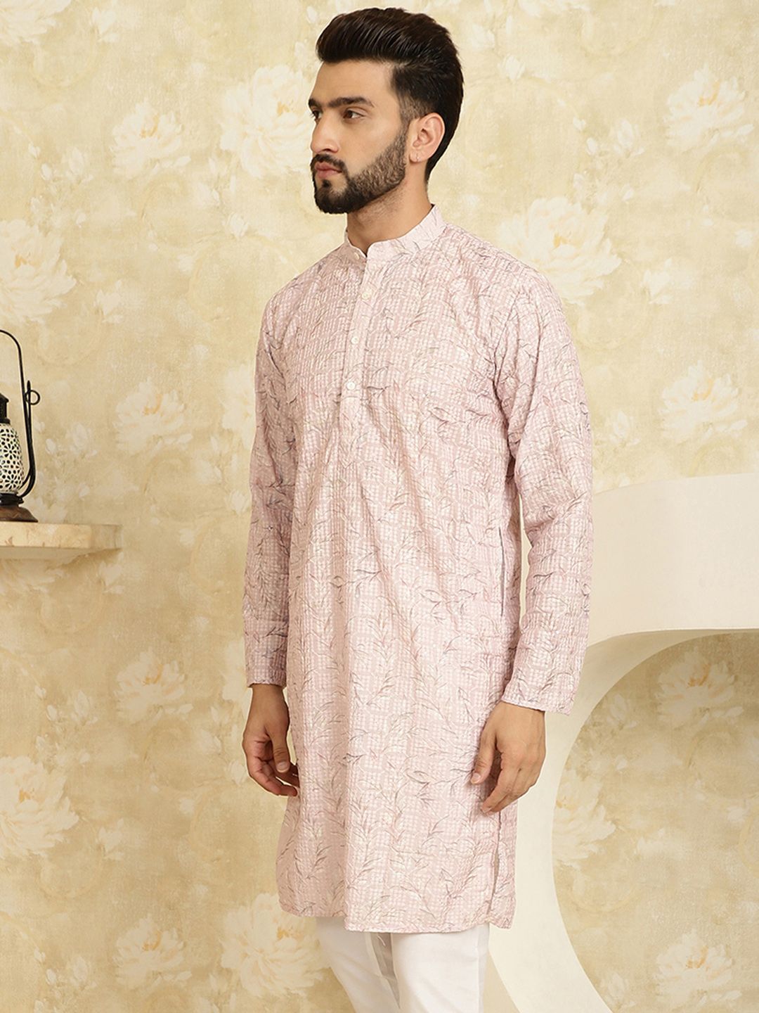 SOJANYA Men Pink Flared Sleeves Thread Work Kurta