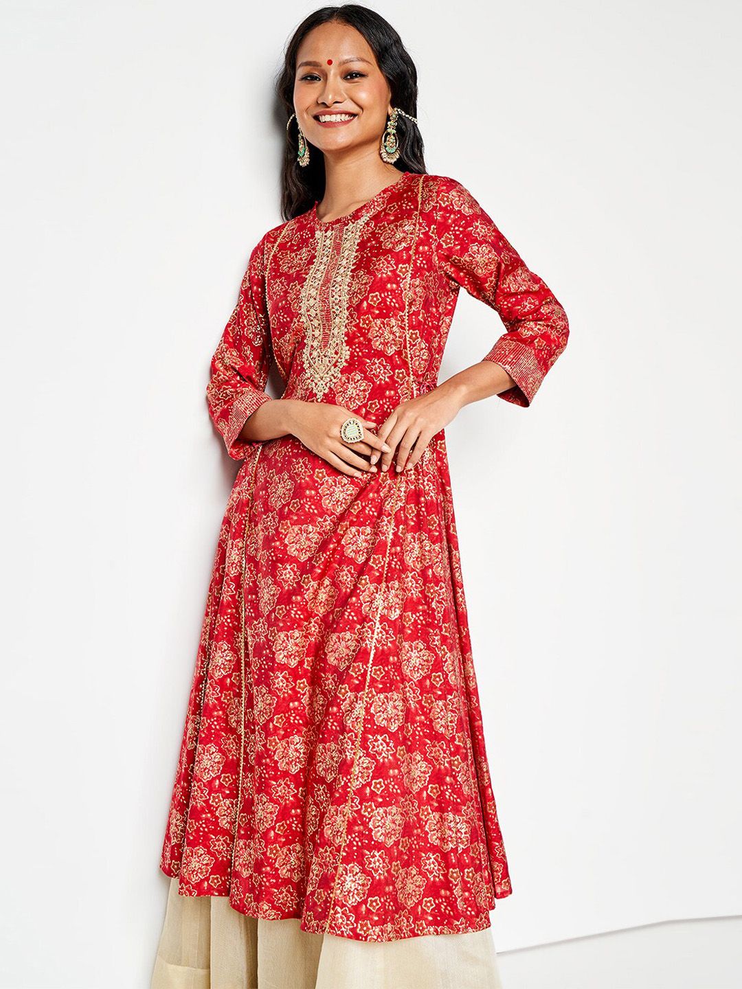 Global Desi Floral Printed Thread Work Anarkali Kurta