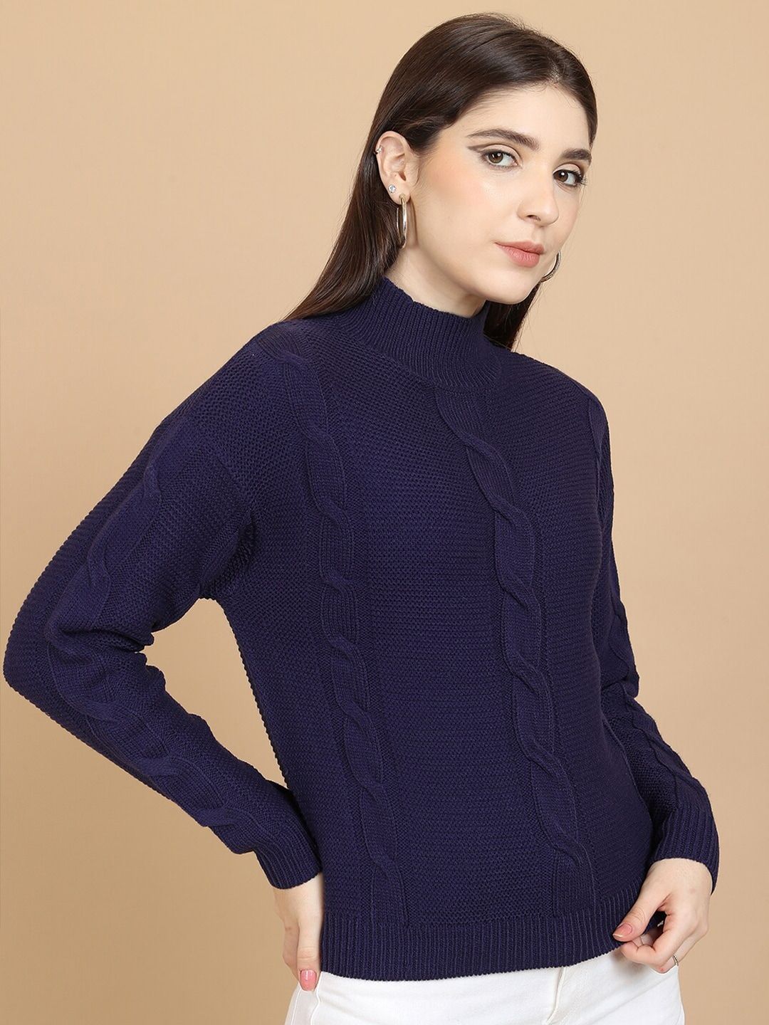Tokyo Talkies Navy Blue Cable Knit Self Design High Neck Acrylic Pullover Sweater