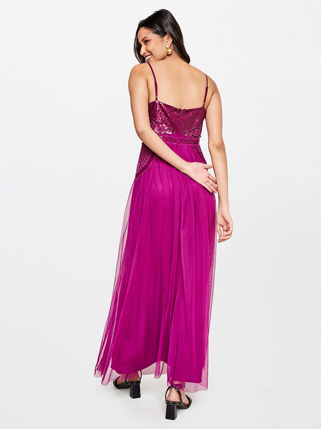 AND Magenta Embellished Shoulder Strap Maxi Dress