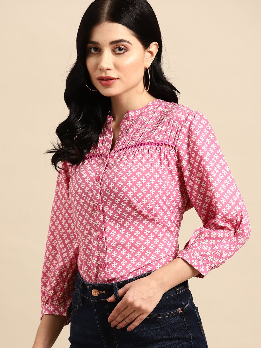 all about you Ethnic Printed Puff Sleeves Pleated Detail Top