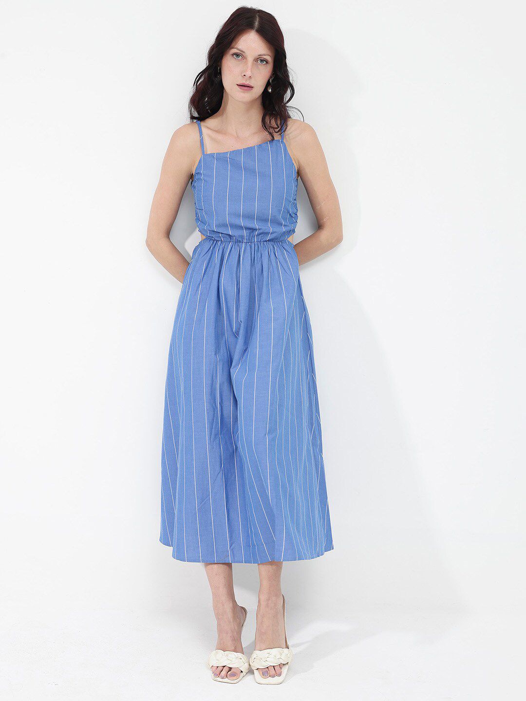 RAREISM Women Cotton Blue Striped Fit & Flare Shoulder Straps Midi Dress