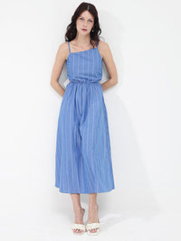 RAREISM Women Cotton Blue Striped Fit & Flare Shoulder Straps Midi Dress