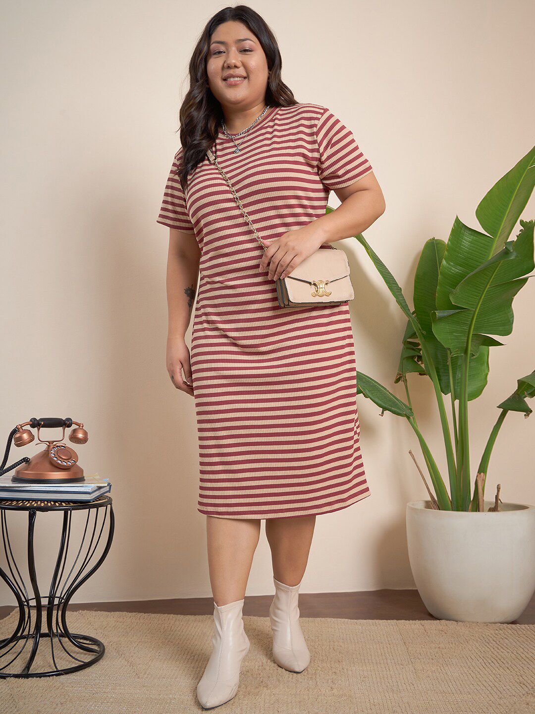 Curvy Street Brown Plus Size Striped Midi T-Shirt Dress
