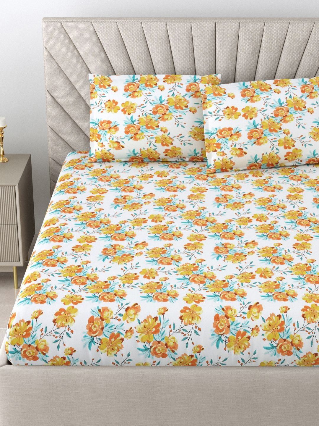 BOMBAY DYEING Florentine Brown Floral Pure Cotton 144TC Queen Bedsheet Set 2.28 m X 2.54 m