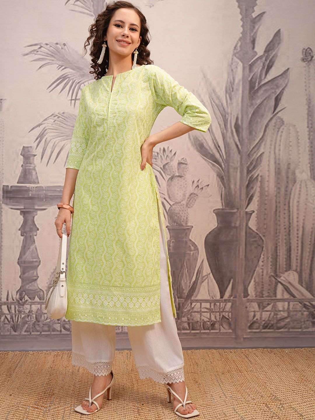 Vishudh Lime Green Floral Embroidered Straight Kurta