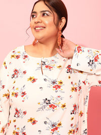 CURVY STREET Plus Size Floral Printed Round Neck Crepe Top