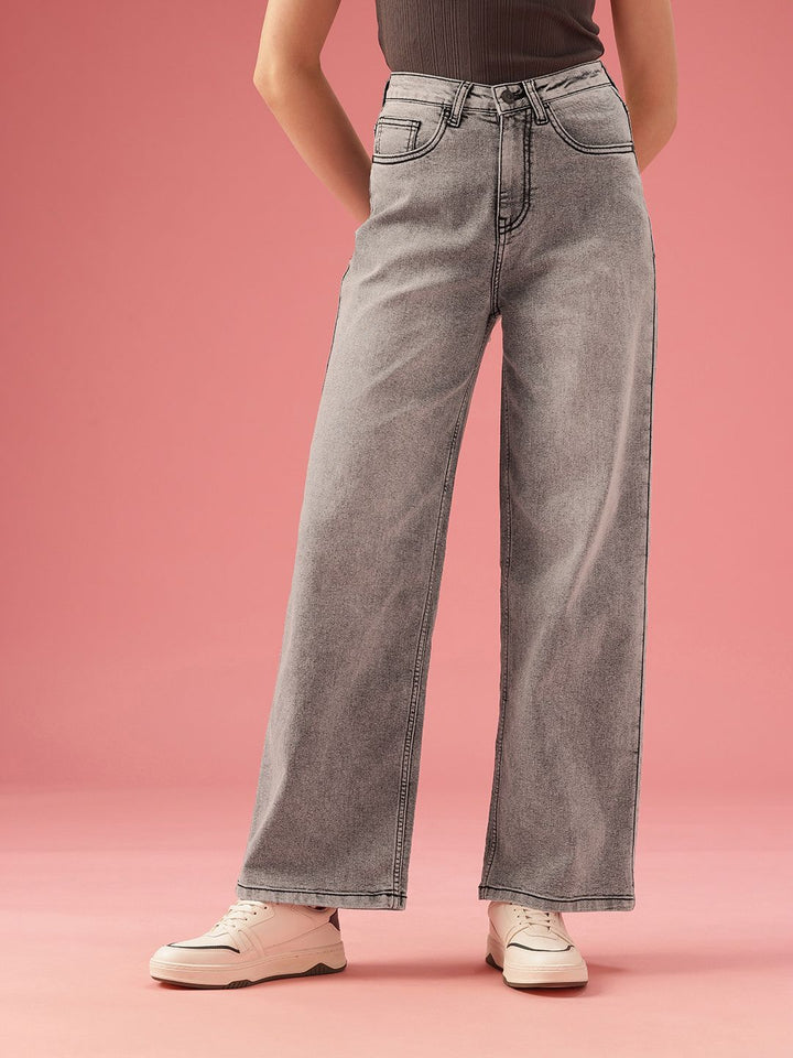 DressBerry Women Wide Leg High-Rise Heavy Fade Stretchable Jeans
