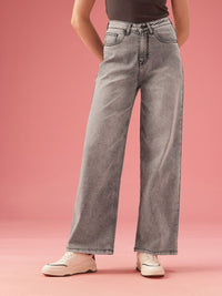 DressBerry Women Wide Leg High-Rise Heavy Fade Stretchable Jeans