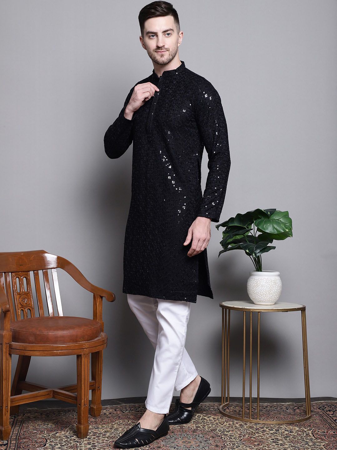 Jompers Geometric Self Design Sequinned Pure Cotton Kurta With Pyjamas
