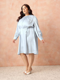 all about you Plus Size Puff Sleeve Satin Finish A-Line Party Dress with Tir-up Detail