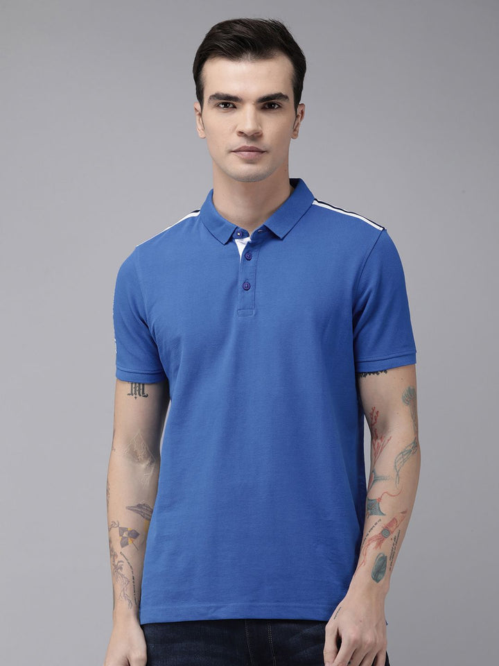 SPYKAR Men Polo Collar Indigo Pure Cotton Slim Fit T-shirt With Shoulder Taping Detail