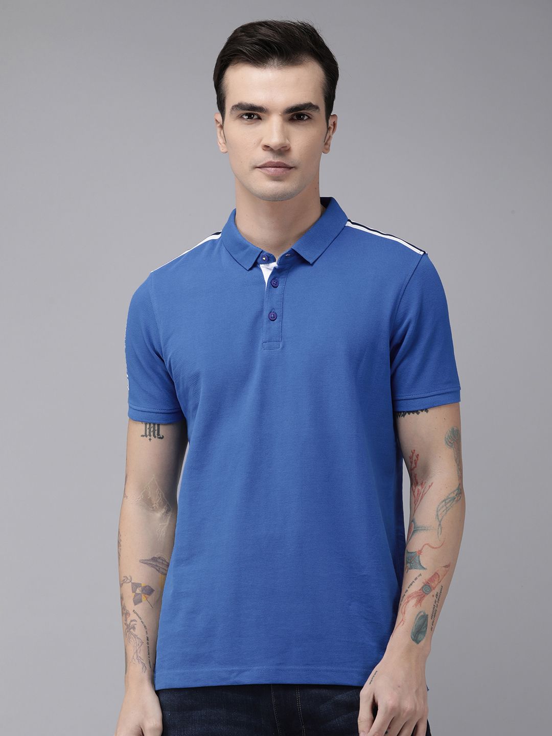 SPYKAR Men Polo Collar Indigo Pure Cotton Slim Fit T-shirt With Shoulder Taping Detail