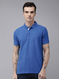 SPYKAR Men Polo Collar Indigo Pure Cotton Slim Fit T-shirt With Shoulder Taping Detail