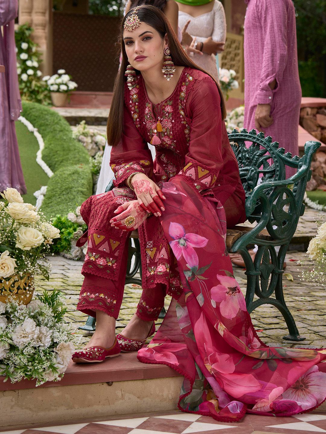 Indo Era Women Floral Embroidered Regular Thread Work Kurta with Trousers & With Dupatta