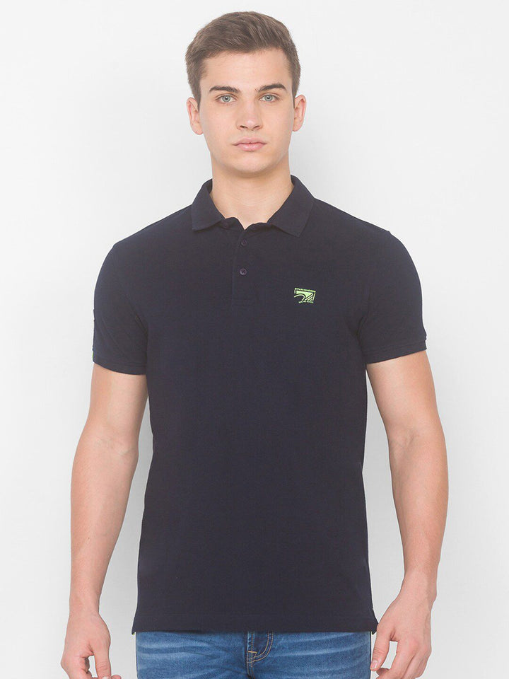 SPYKAR Men Navy Blue Polo Collar Slim Fit T-shirt