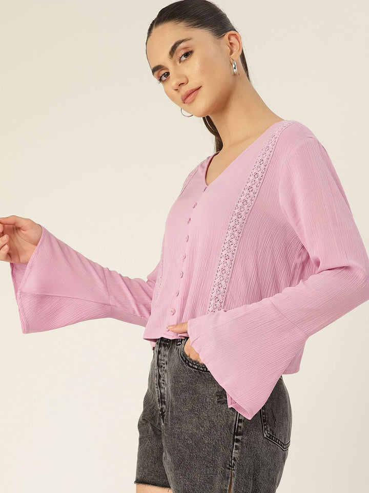 DressBerry Lavender Self Design Lace Inserts Flared Sleeves Top