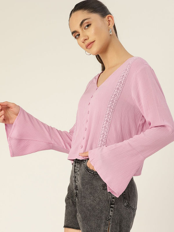 DressBerry Lavender Self Design Lace Inserts Flared Sleeves Top