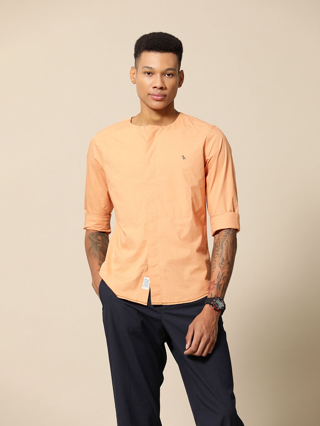 Mr Bowerbird Solid Tailored Fit Pure Cotton Compact Poplin Crew Neck Shirt