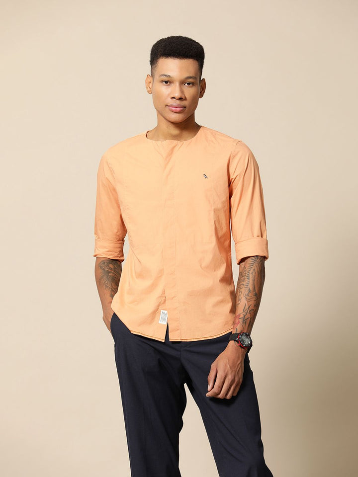 Mr Bowerbird Solid Tailored Fit Pure Cotton Compact Poplin Crew Neck Shirt