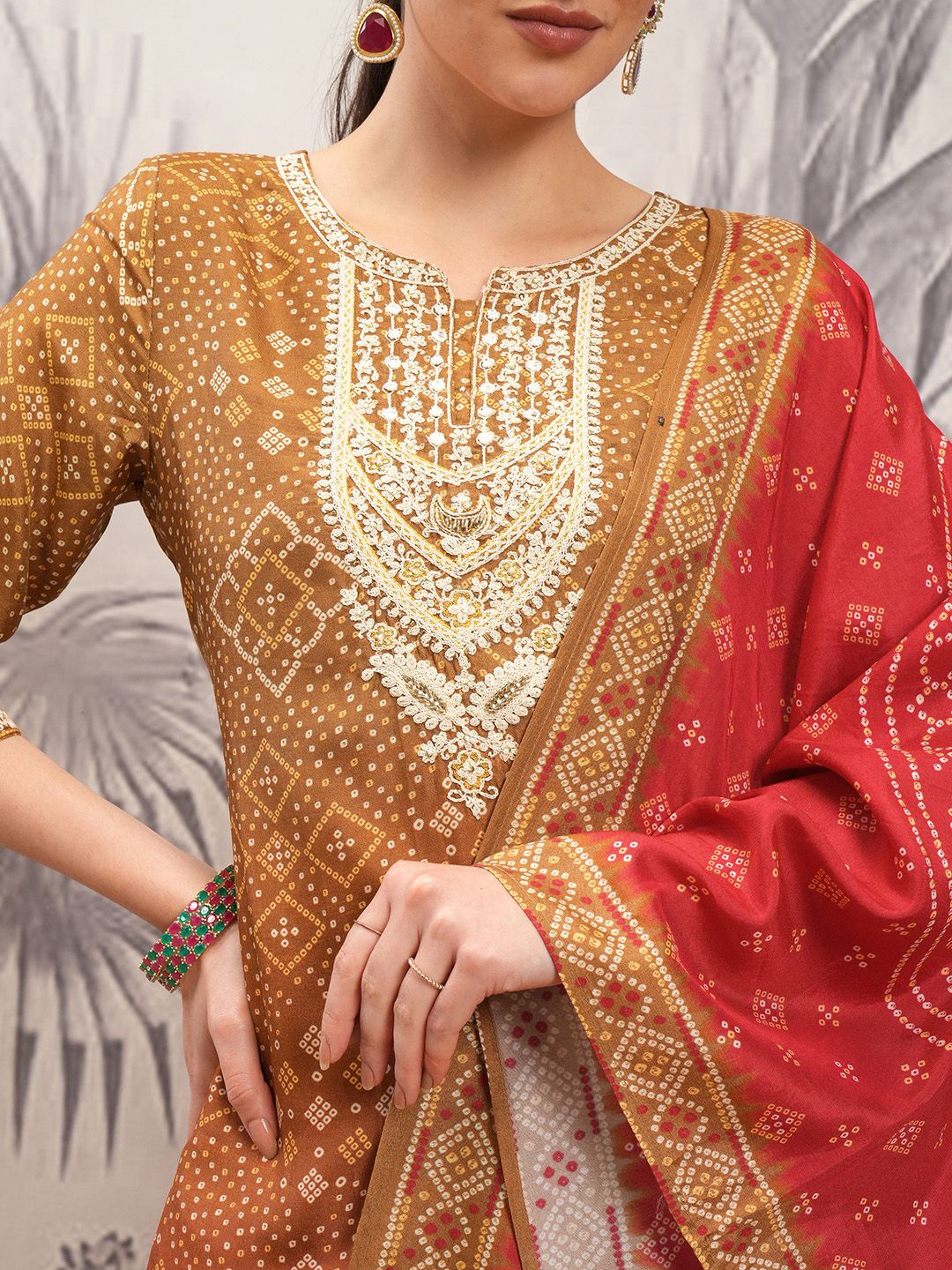 Vishudh Brown Ethnic Motifs Regular Thread Work Straight Kurta With Trousers & Dupatta