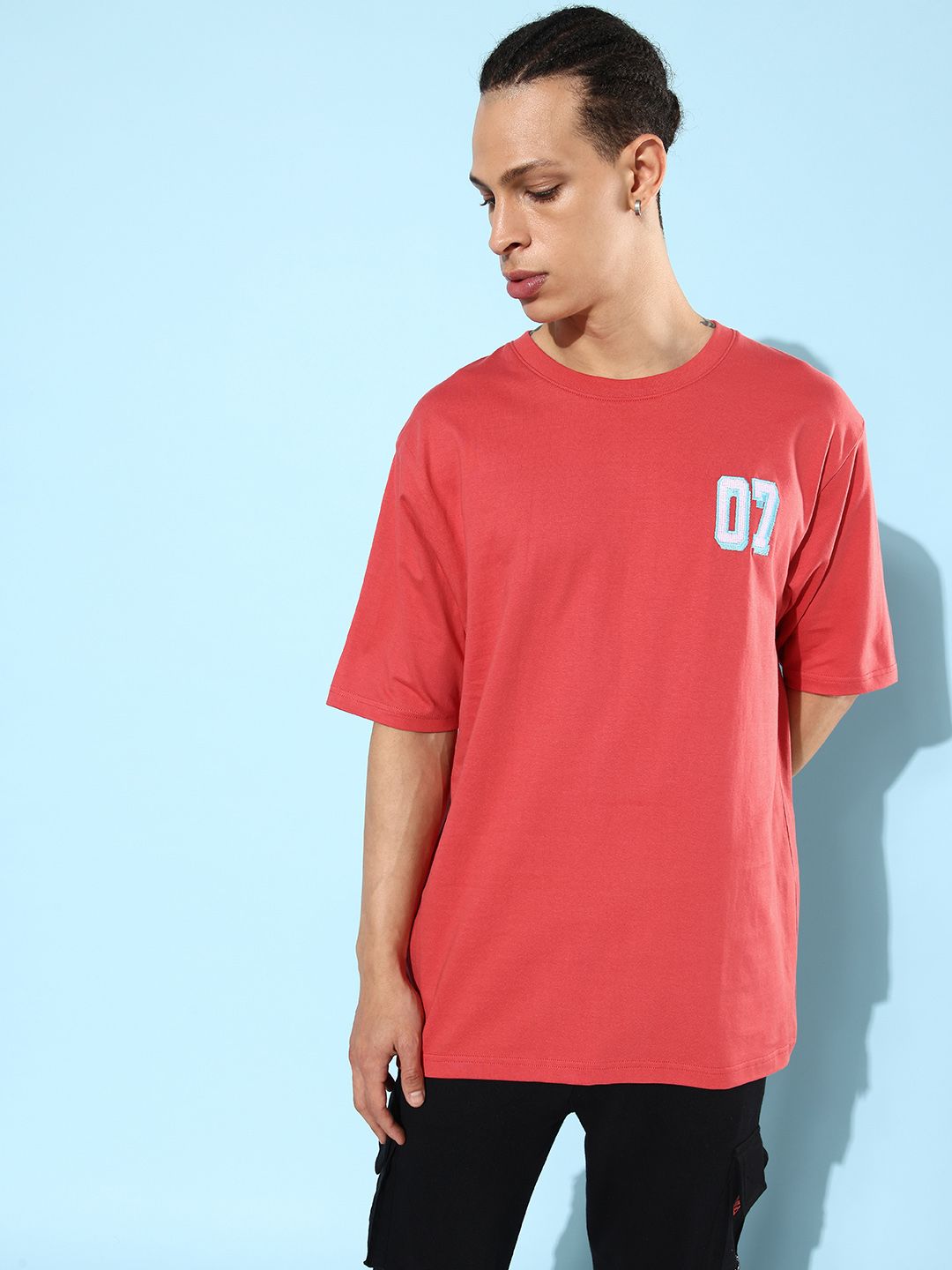 DILLINGER Men Red & White Typography Embroidered Oversize Pure Cotton T-shirt