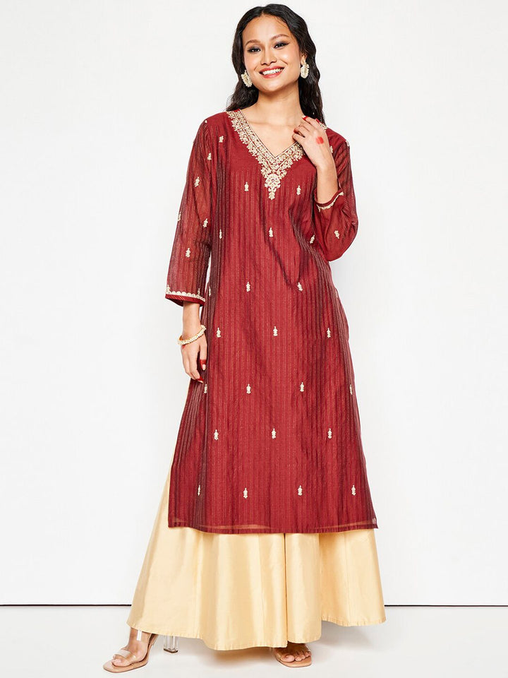 Global Desi V Neck Long Sleeves Yoke Design Rayon A Line Kurta