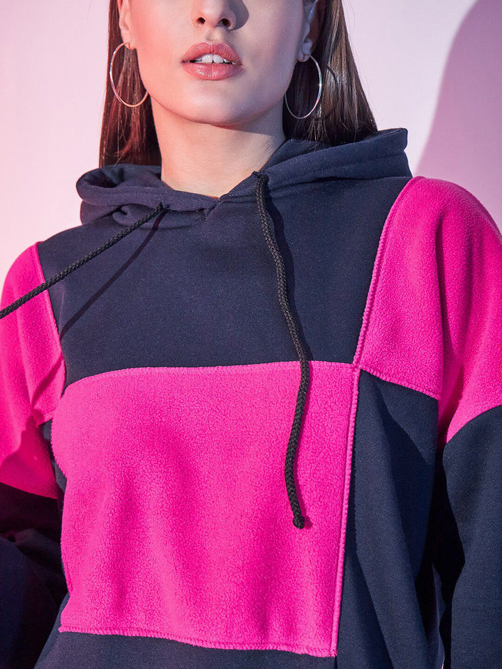 STREET 9 Navy Blue Colourblocked Hooded Fleece Sweatshirt