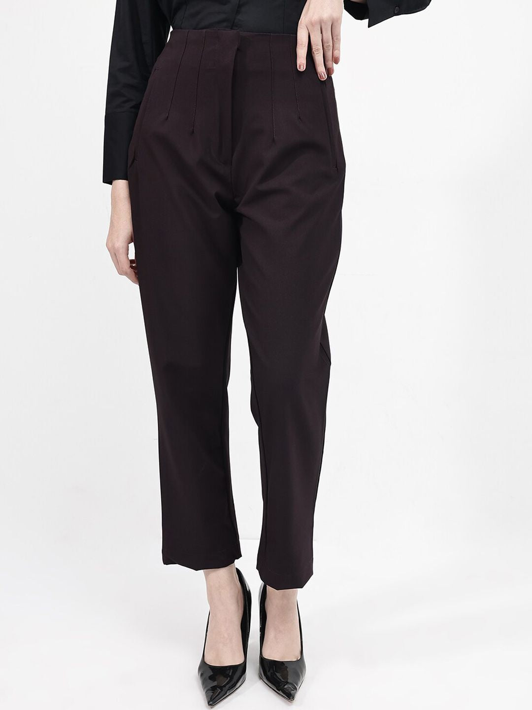 RAREISM Women Tapered Fit Cotton High-Rise Trousers