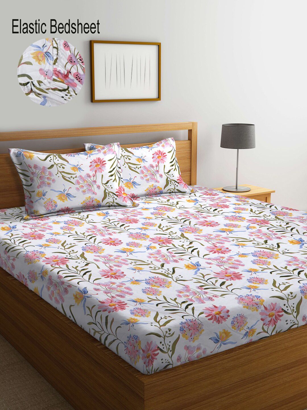 KLOTTHE White Floral Fitted 300 TC Super King Bedsheet with 2 Pillow Covers-270X270 cm