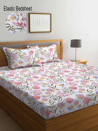 KLOTTHE White Floral Fitted 300 TC Super King Bedsheet with 2 Pillow Covers-270X270 cm