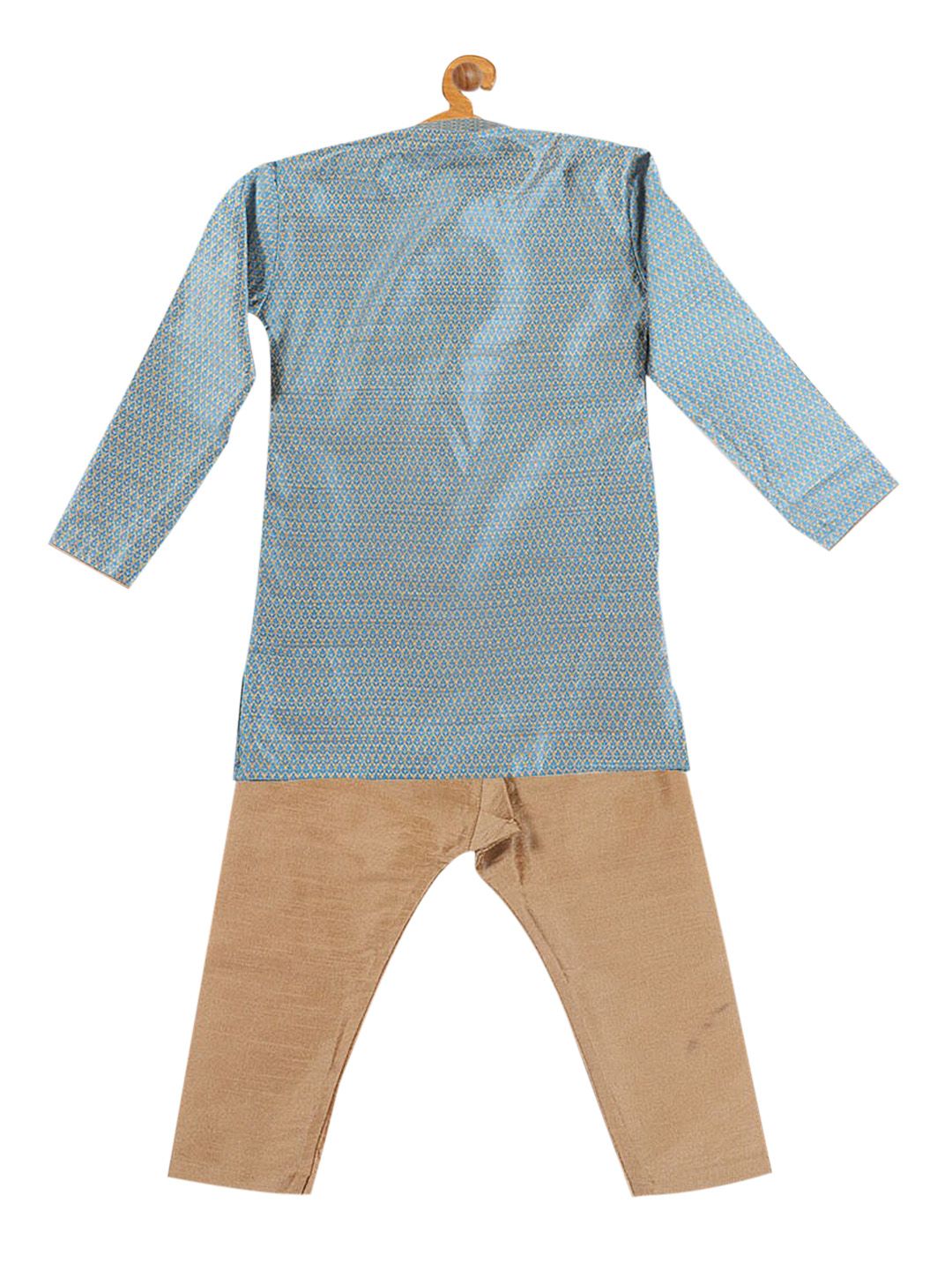 VASTRAMAY Infant Boys Blue & Rose Gold Silk Blend Kurta & Pyjamas