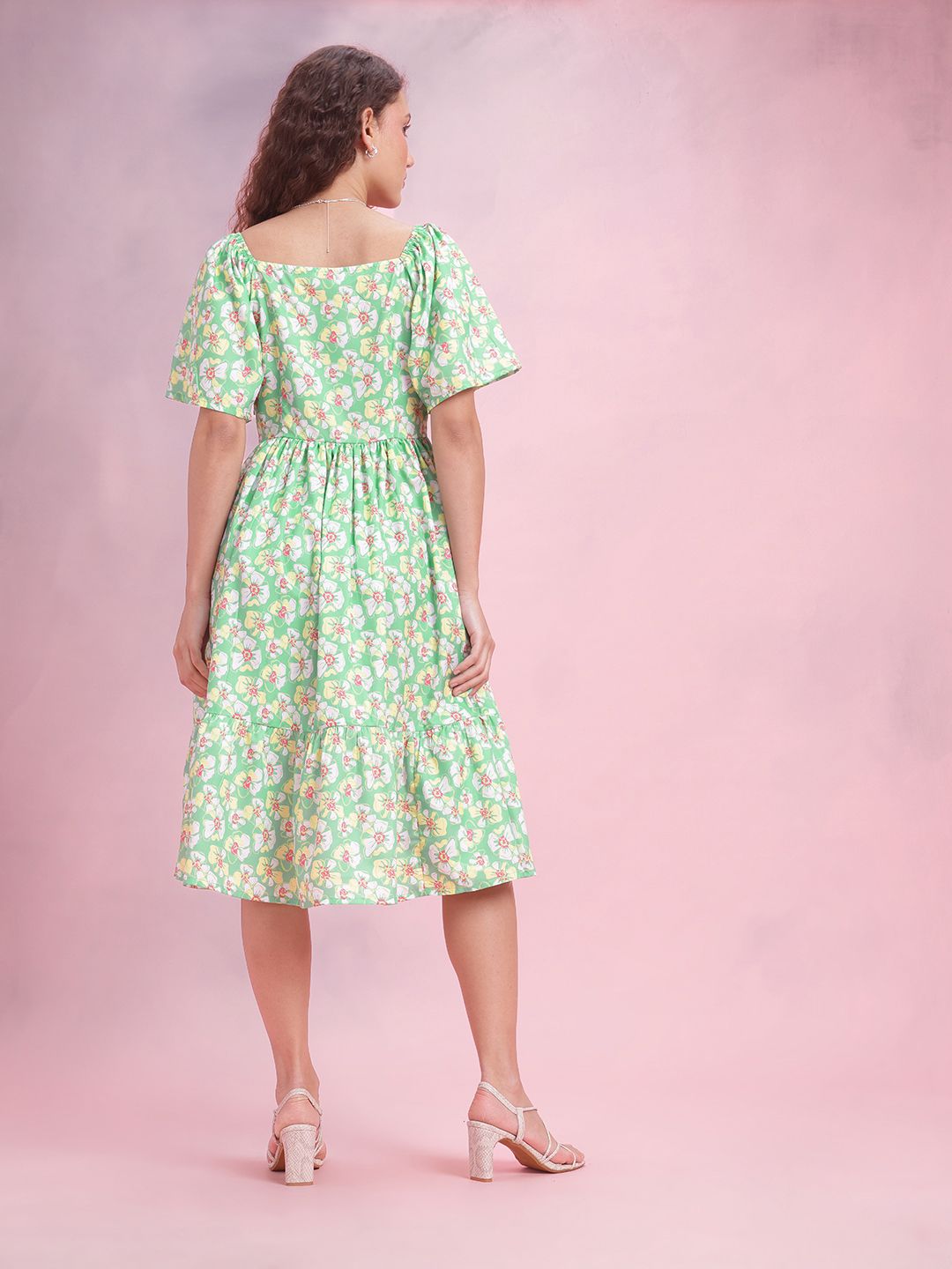 DressBerry Floral Print Flared Sleeve A-Line Midi Dress
