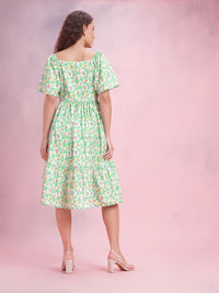 DressBerry Floral Print Flared Sleeve A-Line Midi Dress