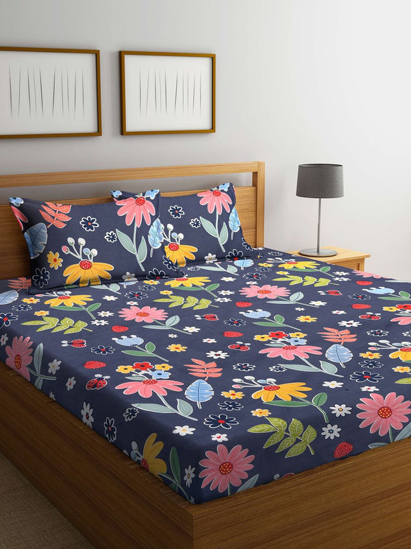 KLOTTHE Blue & Yellow Floral Printed 300 TC Double King Bedsheet With 2 Pillow Covers