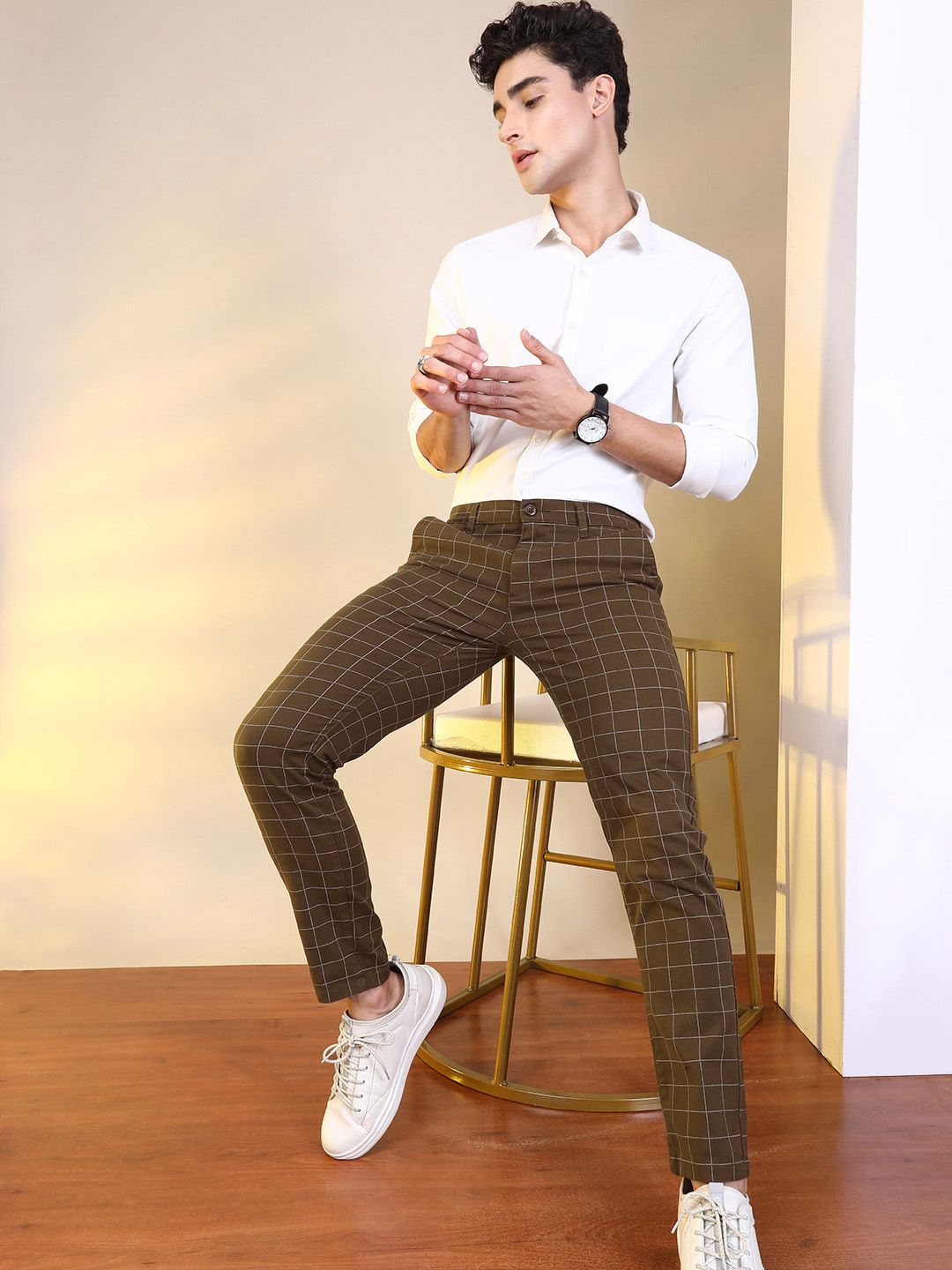 The Indian Garage Co Men Brown Slim Fit Checked Regular Trousers