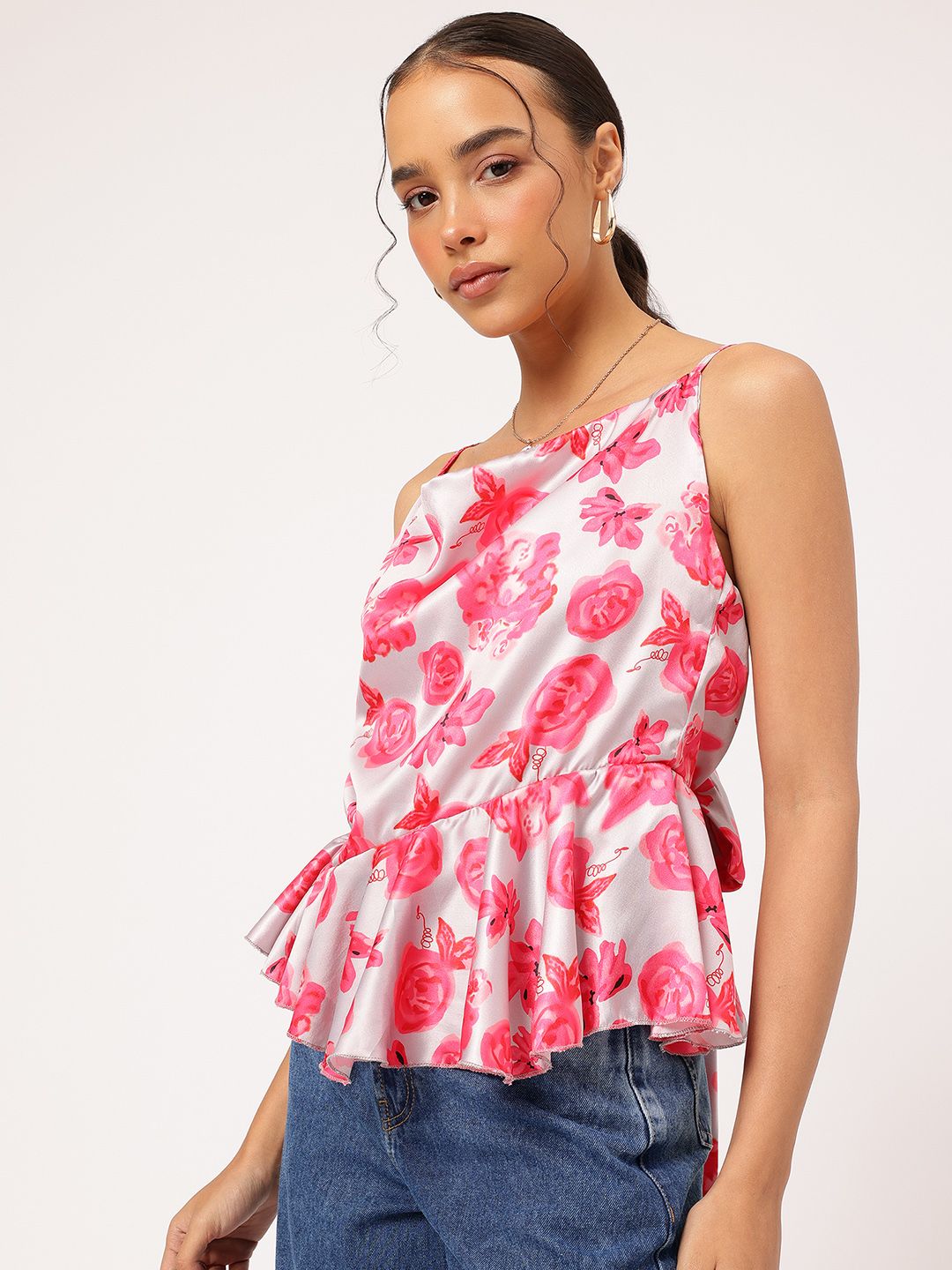 DressBerry Radiant Roses Satin Bow Tie-Up Ruffled Hem Top