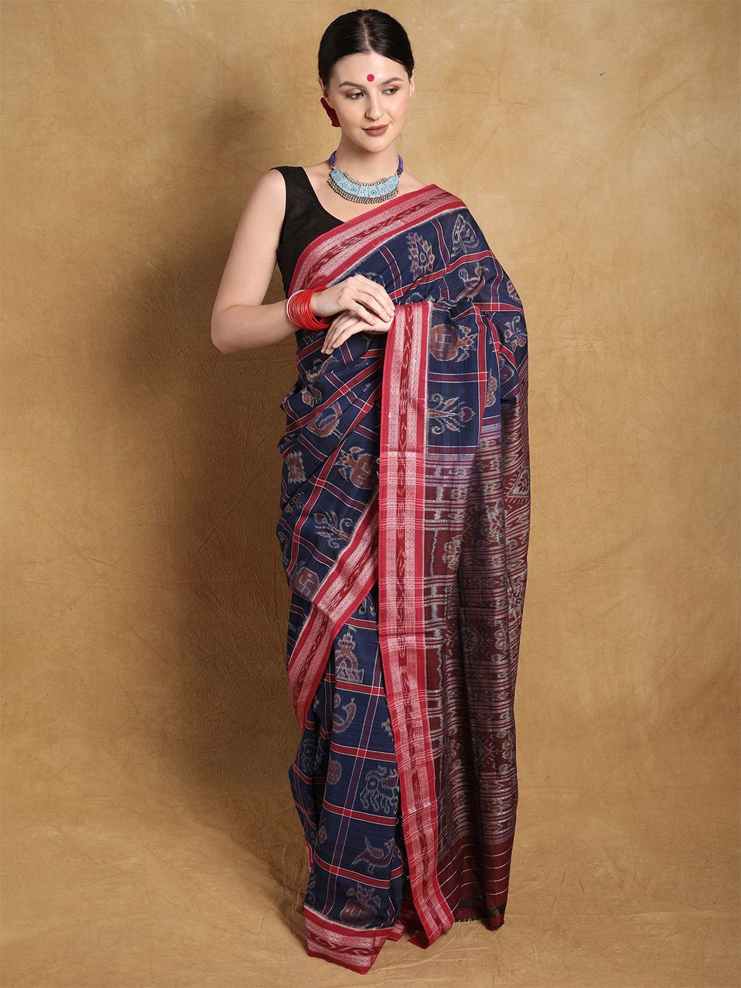 Exotic India Patriot Blue Pure Cotton Ikat Sambalpuri Saree with Rudraksha Border