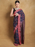 Exotic India Patriot Blue Pure Cotton Ikat Sambalpuri Saree with Rudraksha Border