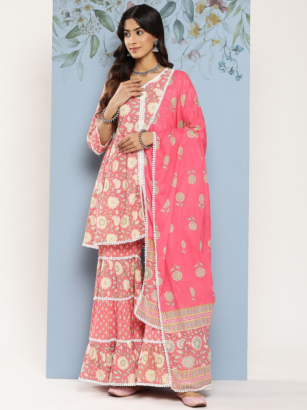 Libas Women Floral Printed Empire Pure Cotton Kurti With Sharara & With Dupatta