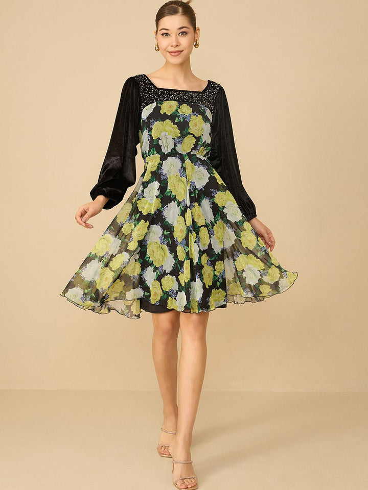 Antheaa Women Floral Printed Embellished Fit & Flare Dress