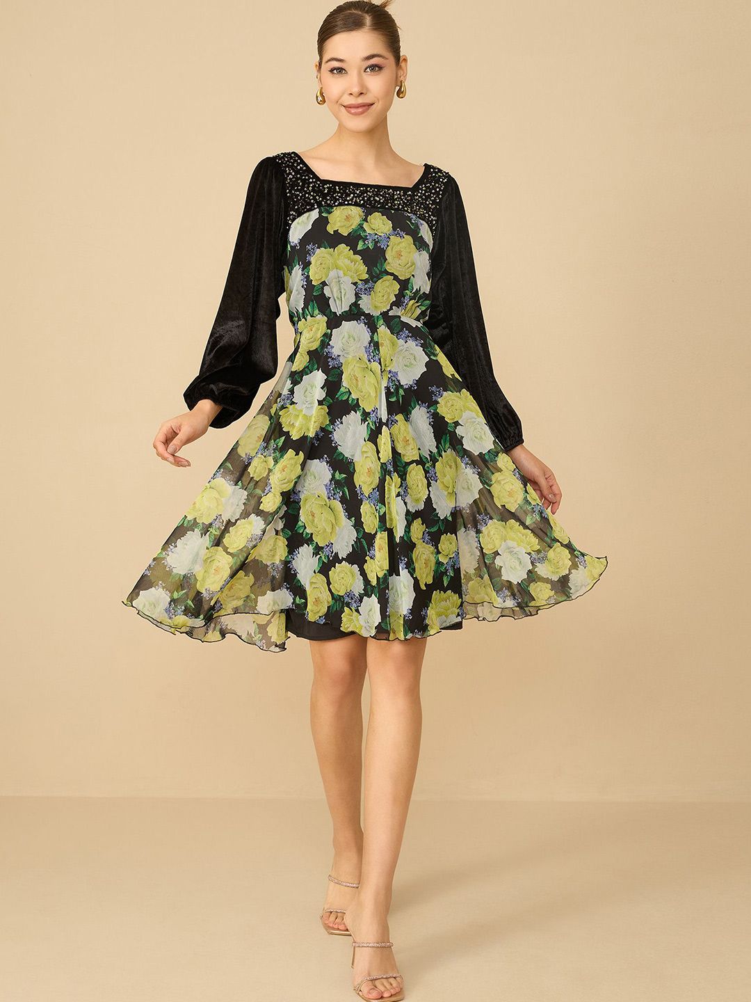 Antheaa Women Floral Printed Embellished Fit & Flare Dress
