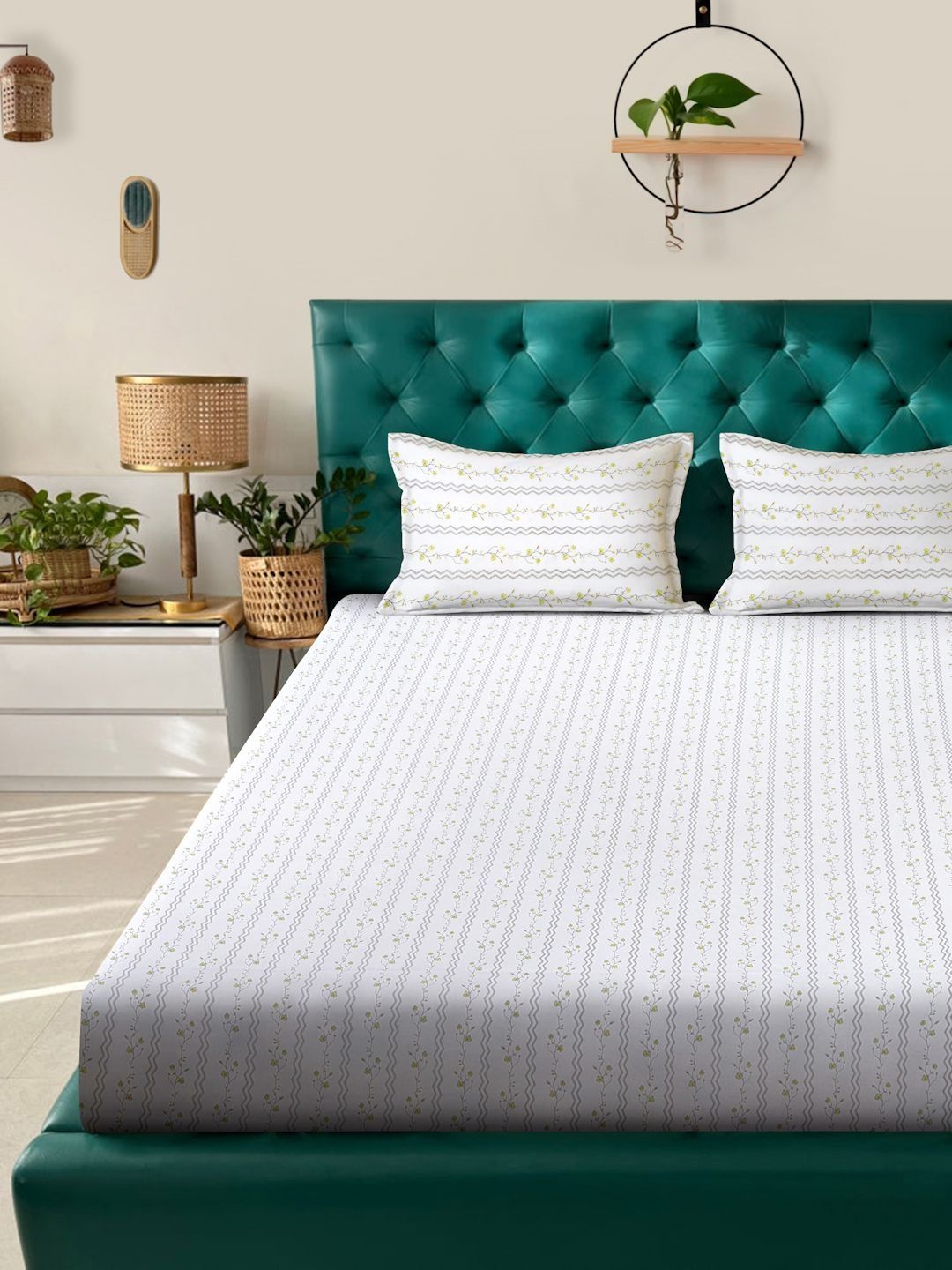 Myntra Elegant Homes White Floral 400 TC Bedsheet with 2 Pillow Covers