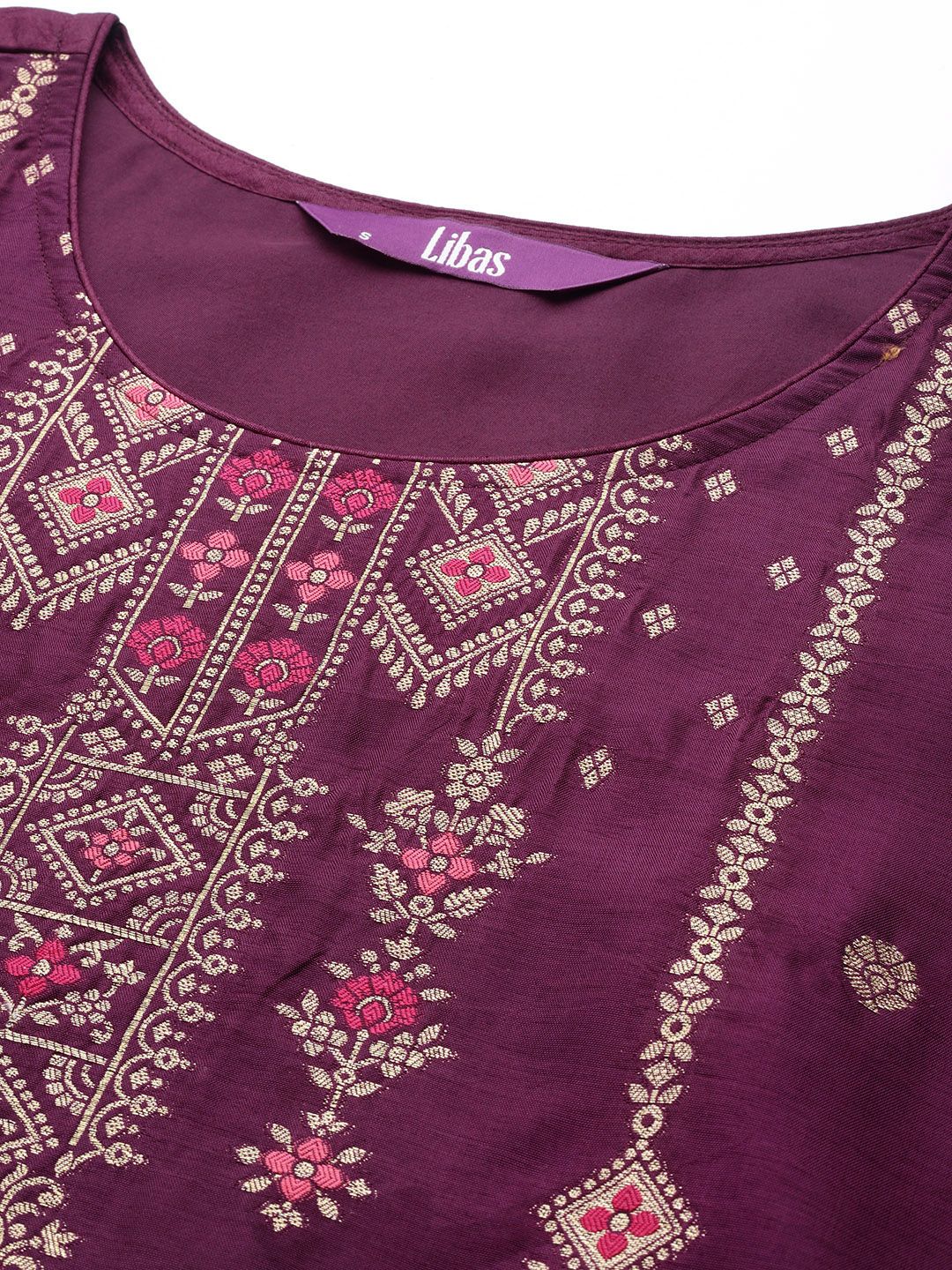 Libas Women Aubergine & Gold Ethnic Motifs Zari Straight Kurta with Trousers Dupatta