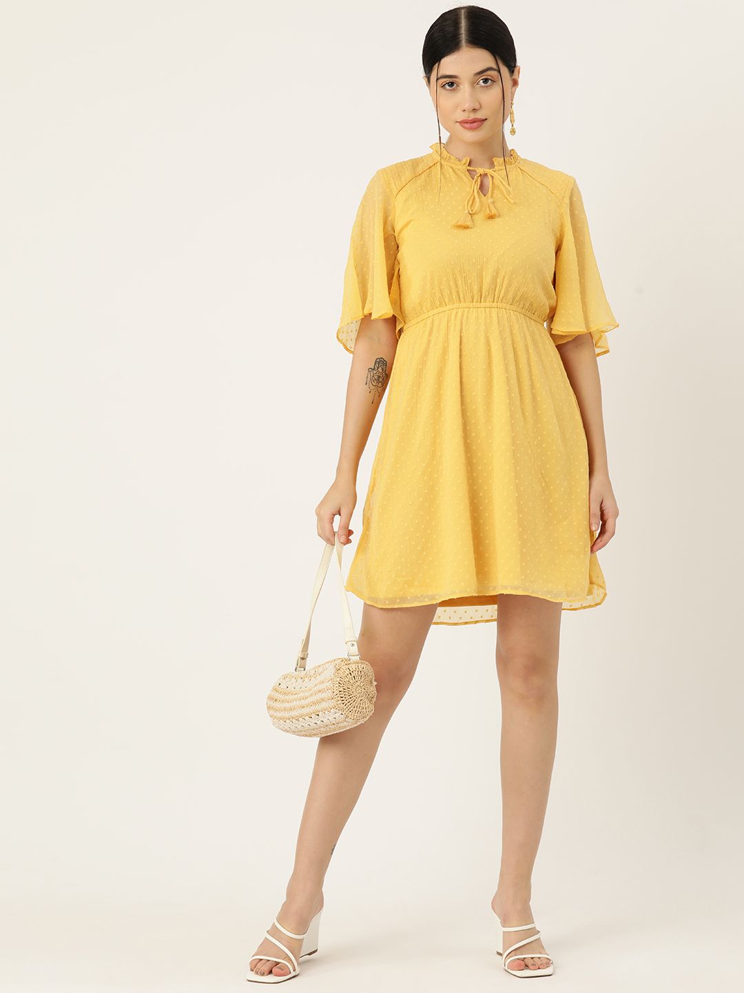 AND Yellow Self Design Tie-Up Neck Fit & Flare Dress