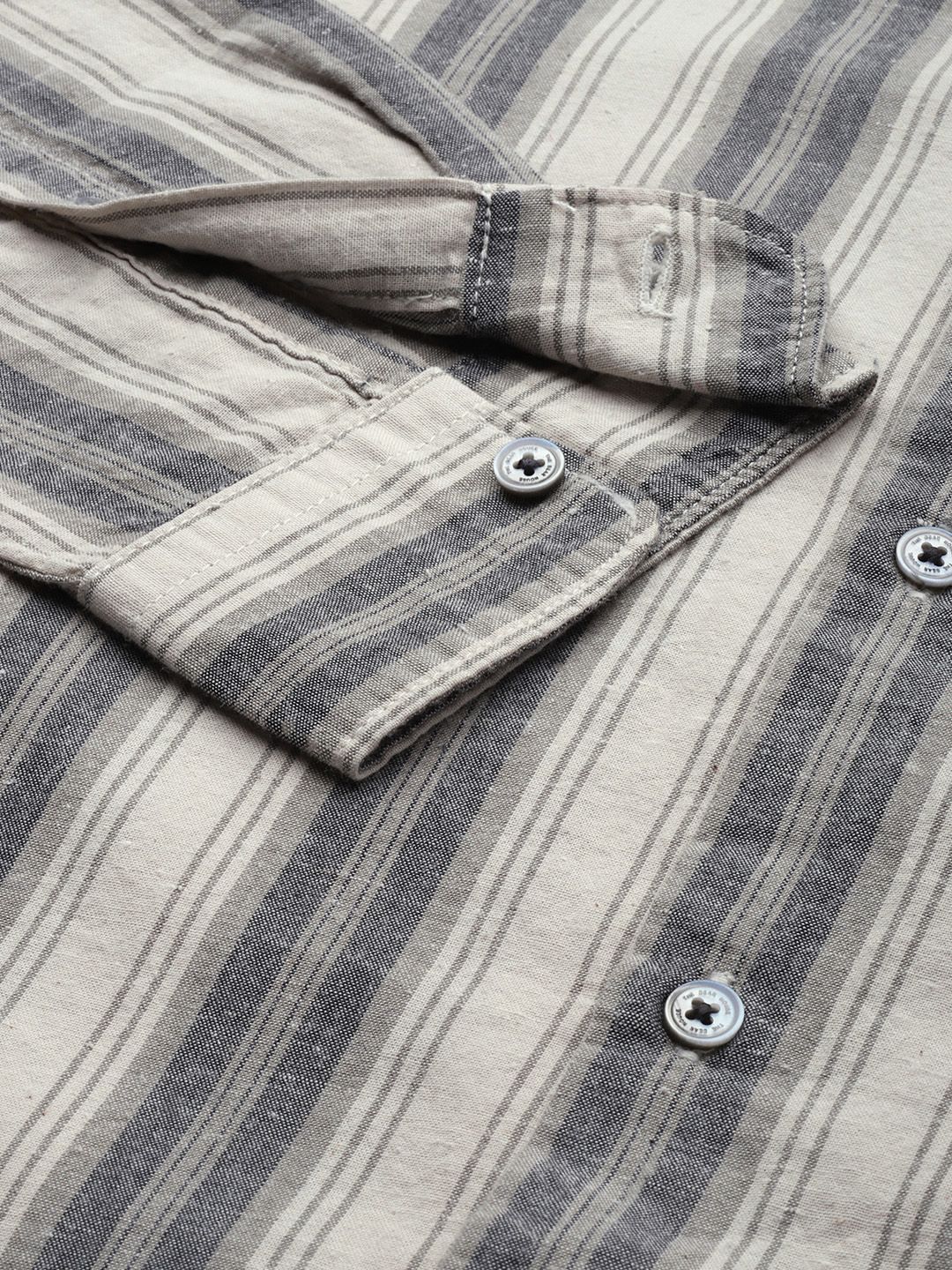 THE BEAR HOUSE Men Beige & Grey Slim Fit Striped Cotton Casual Shirt