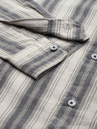 THE BEAR HOUSE Men Beige & Grey Slim Fit Striped Cotton Casual Shirt