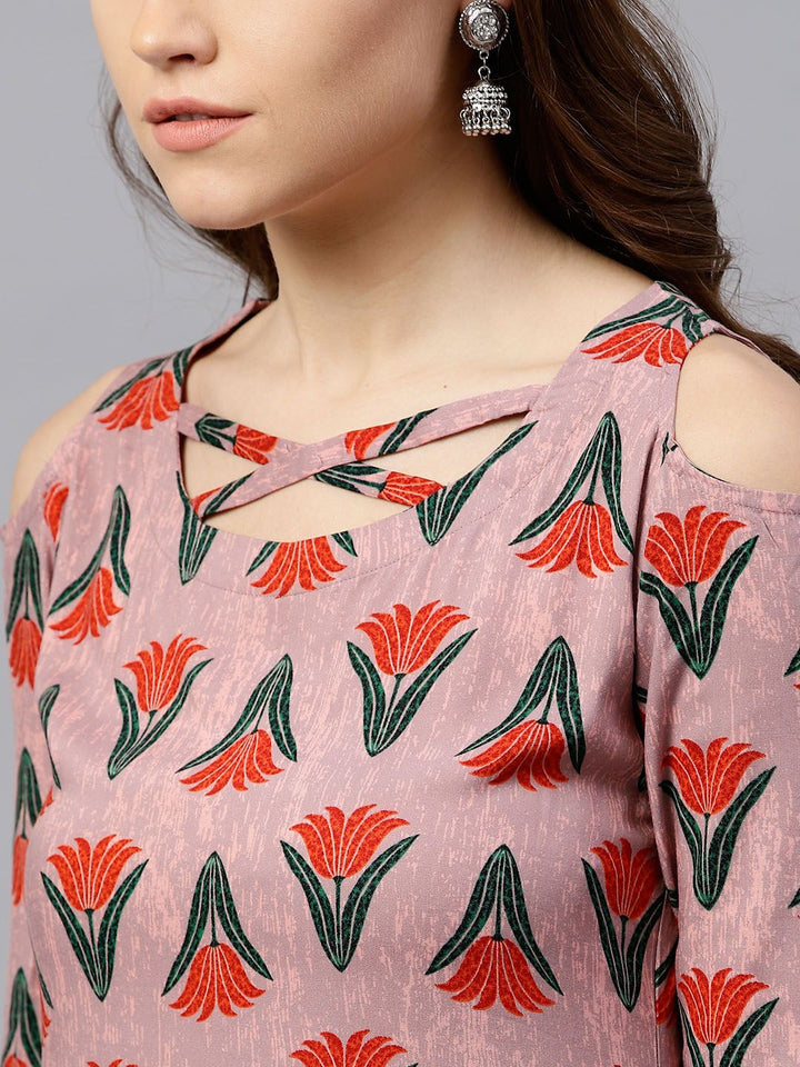 Gerua By Libas Women Mauve  Red Printed Cold Shoulder Straight Kurta