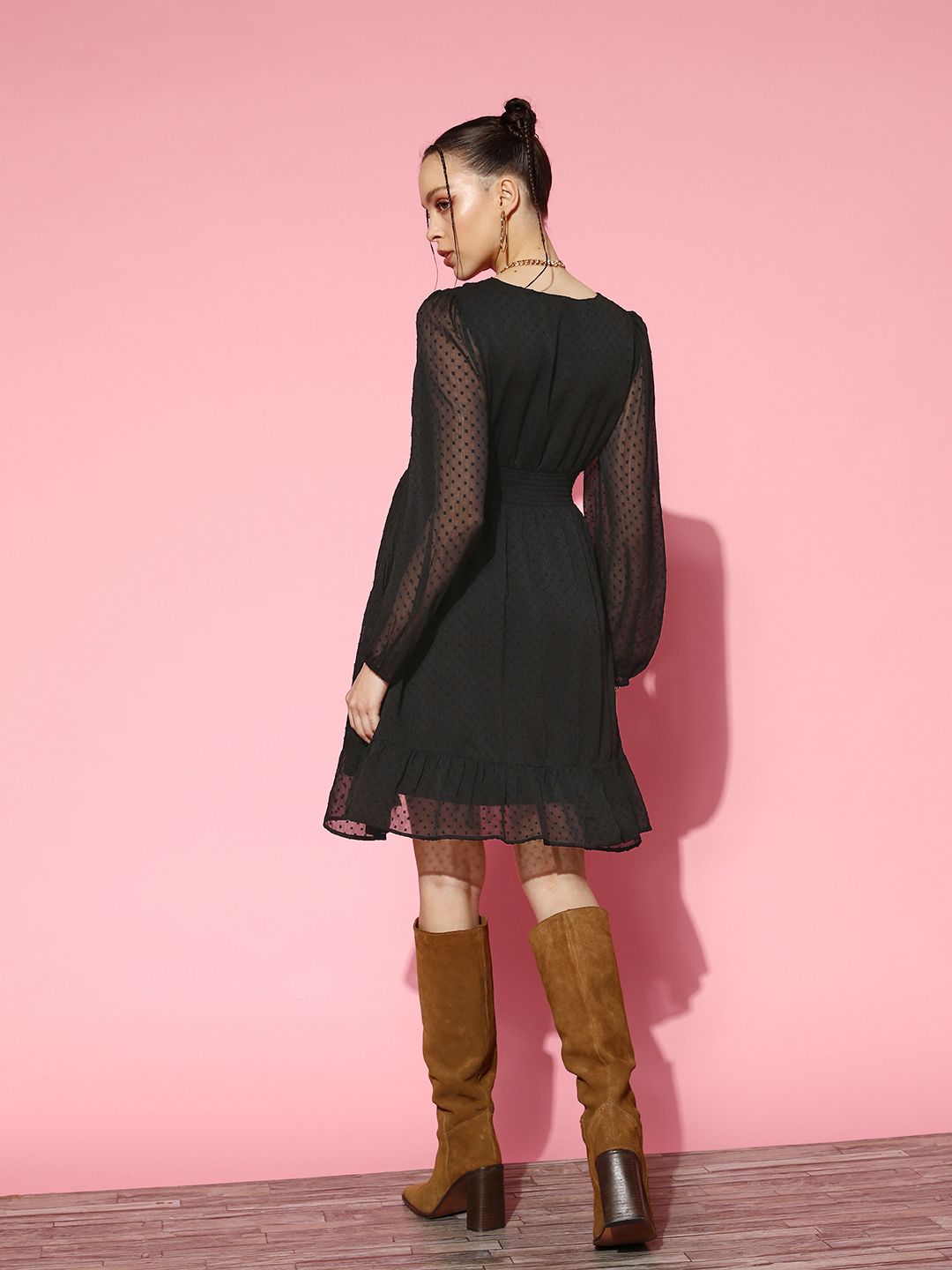 Berrylush Black Chiffon Bishop Sleeves Mini Dress